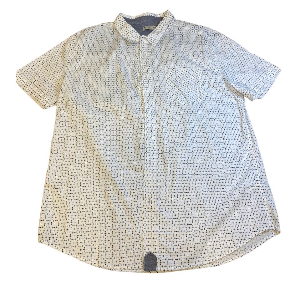 BEANS & BONES short sleeve white button front shirt with blue designs men's XL
